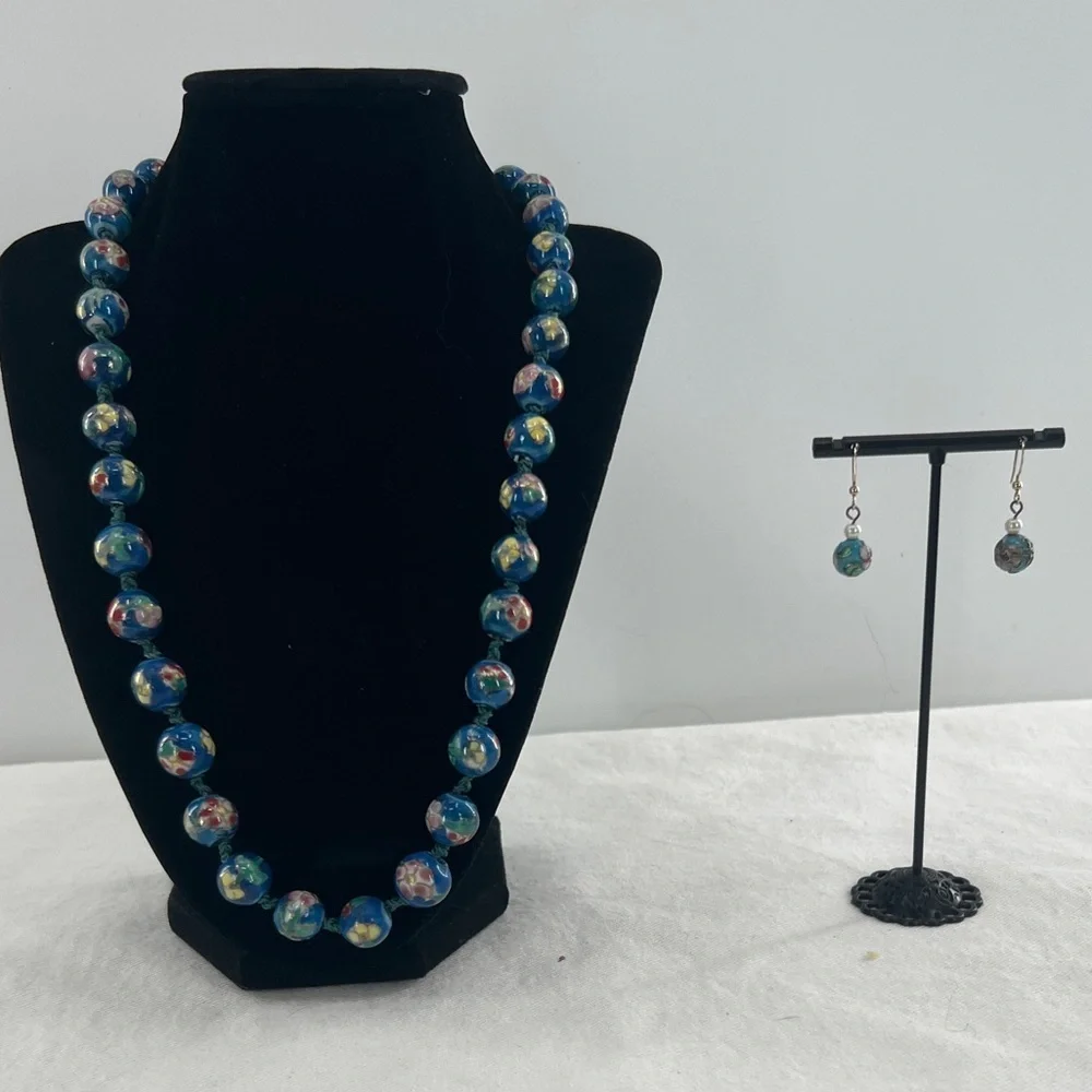 Vintage Blue Cloisonne Double Hand Knotted bead necklace and earrings